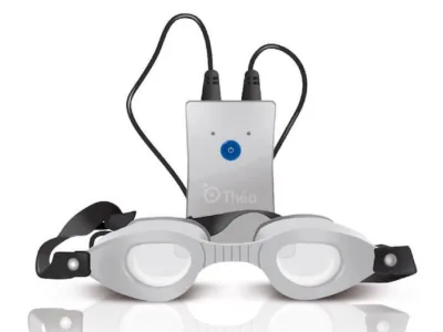 Blephasteam goggles with head strap, connecting cables and control unit