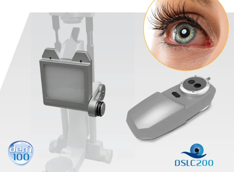 DEM100 and DSLC200 eye-imaging modules shown beside a close-up of an eye