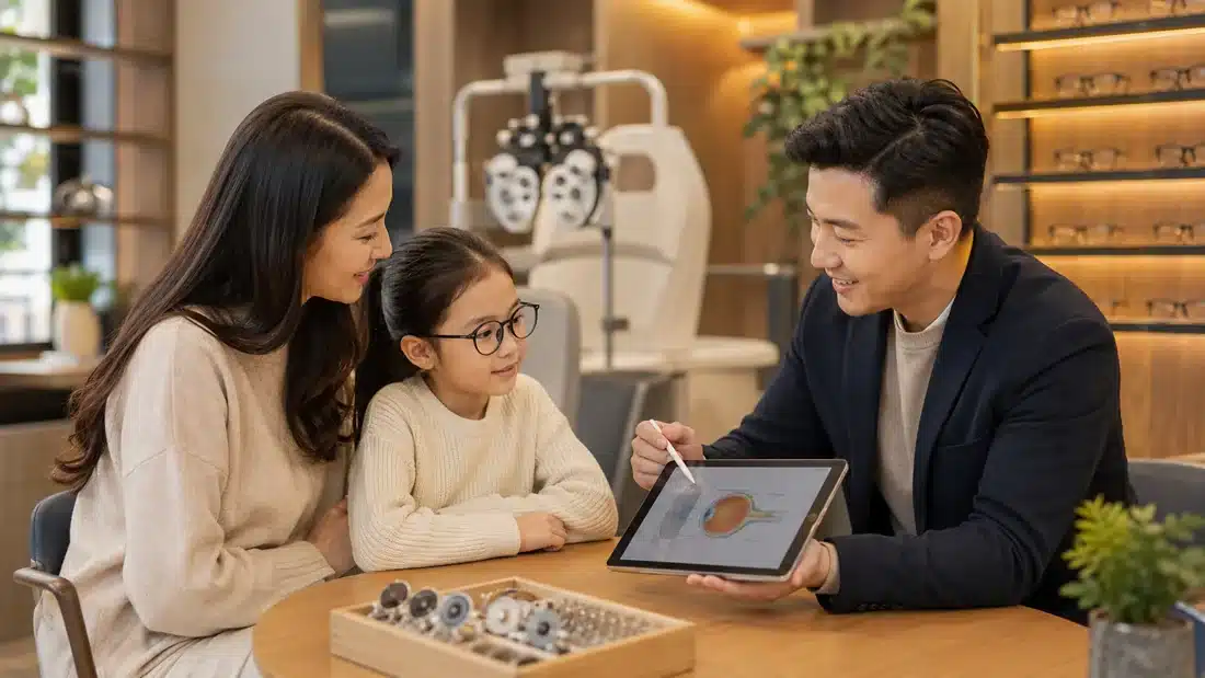 An optometrist discussing eye care with a child and her parent